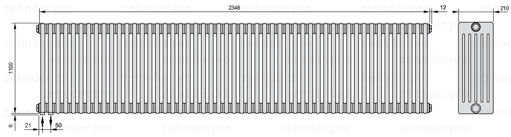 Схема (чертеж) Радиатор Zehnder Charleston 6110/51 №3370 Белый глянцевый RAL 9016